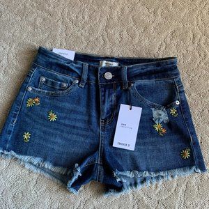 FOREVER 21- Embroidered Flowers Denim Jean Shorts